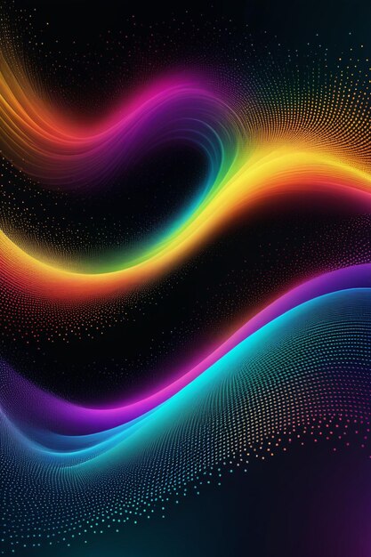 A rainbow waves and dots on a dark abstract background vertical composition