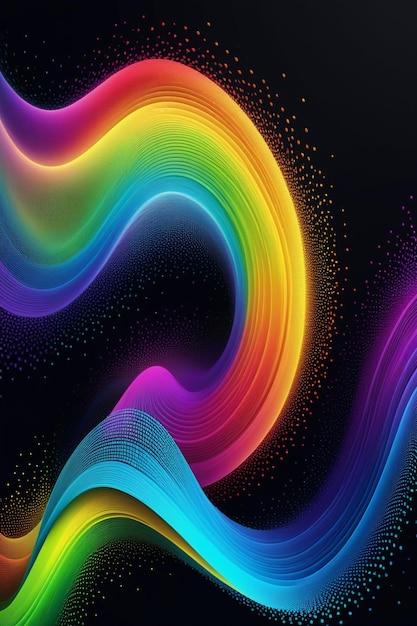 A rainbow waves and dots on a dark abstract background vertical composition