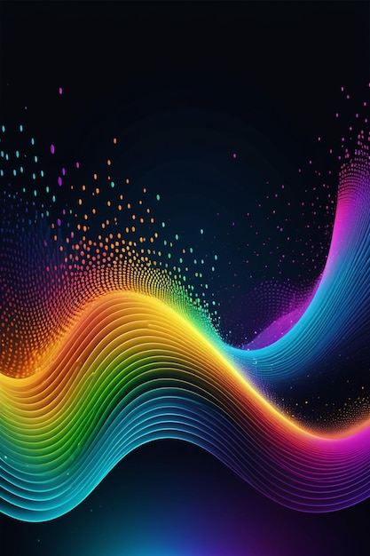 Photo a rainbow waves and dots on a dark abstract background vertical composition