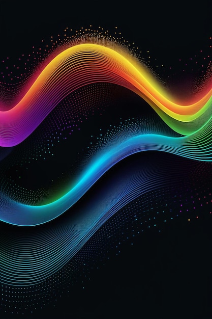 Photo a rainbow waves and dots on a dark abstract background vertical composition