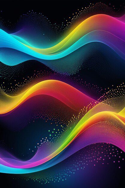 Photo a rainbow waves and dots on a dark abstract background vertical composition