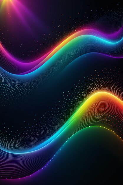 A rainbow waves and dots on a dark abstract background vertical composition