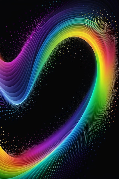 A rainbow waves and dots on a dark abstract background vertical composition