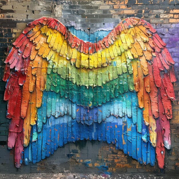 Photo rainbow wings mural on brick wall