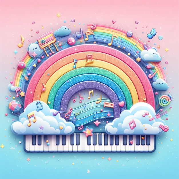 Rainbow with music theme and glitter on pastel sky background