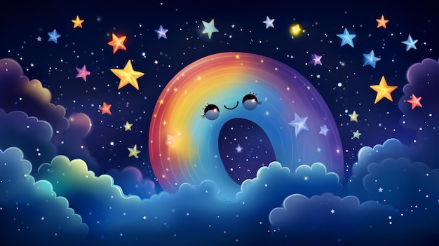 a rainbow with stars and a monster on it