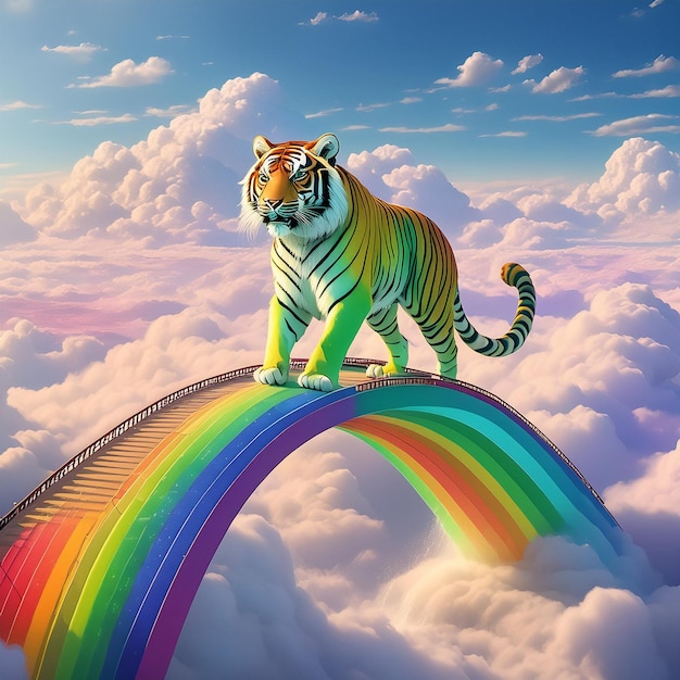 Photo a rainbow with a tiger on it and a rainbow in the sky