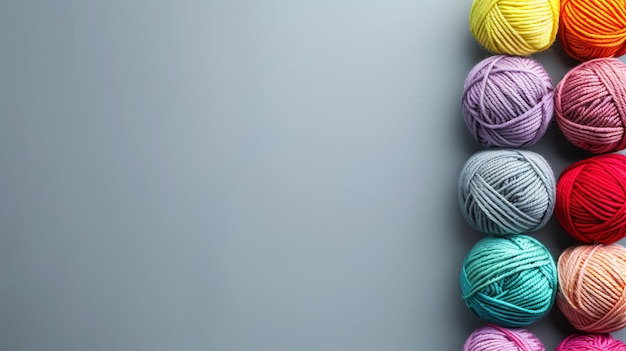 Photo rainbow wool yarn balls on gray background with ample text space for design or advertising