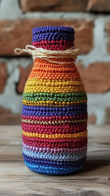 Photo rainbowcolored crocheted bottle