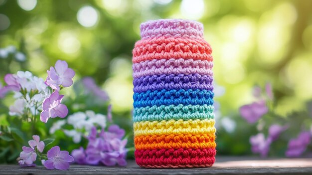 Photo rainbowcolored crocheted bottle