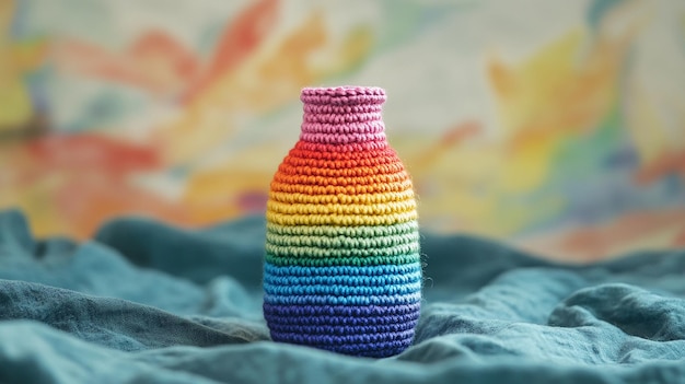 Photo rainbowcolored crocheted bottle