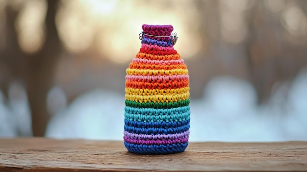 Photo rainbowcolored crocheted bottle