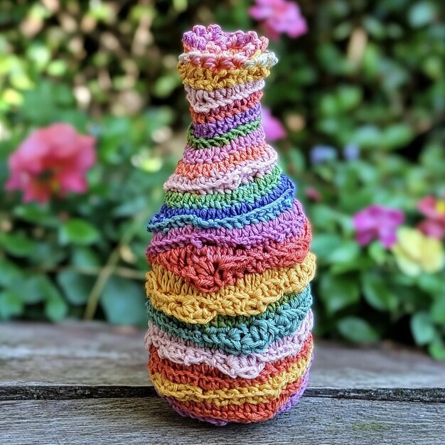 Photo rainbowcolored crocheted bottle