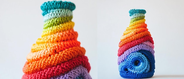 Photo rainbowcolored crocheted bottle