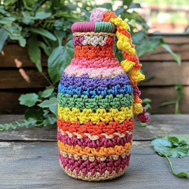 Photo rainbowcolored crocheted bottle