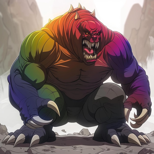 Photo a rainbowcolored ferocious monster roaring in a dusty landscape