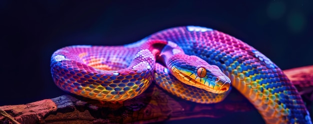 Rainbowcolored snake coiled on a neon branch glowing intensely in the twilight