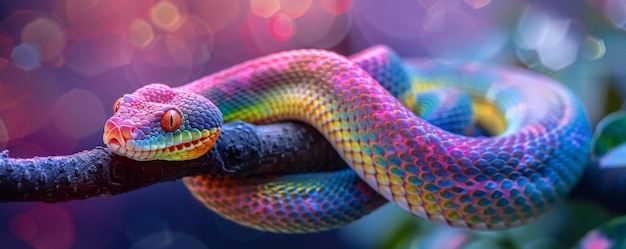 Rainbowcolored snake coiled on a neon branch glowing intensely in the twilight