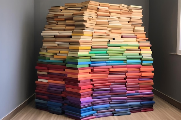 Photo rainbowcolored stack of books in the library