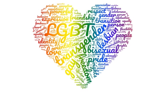 Rainbowcolored tag cloud in the shape of heart Isolated on white background