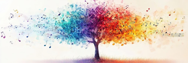 Rainbowcolored tree blending with musical notes