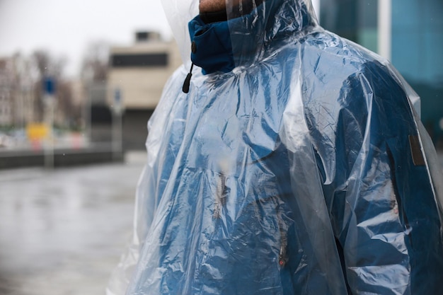 Raincoat on a man shooting outside