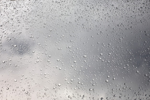 Raindrop on the glass window with gray sky background