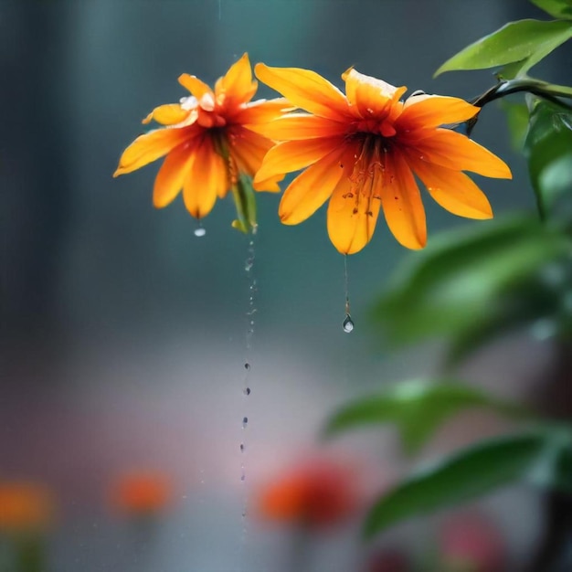 a raindrop is falling on the flowers and the rain drops are falling