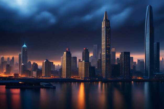 raindrop reflecting an entire city skyline at dusk