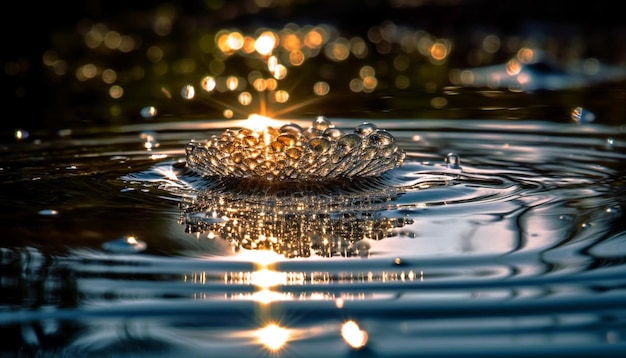 Raindrop splashing creates ripples natural beauty shines generated by AI