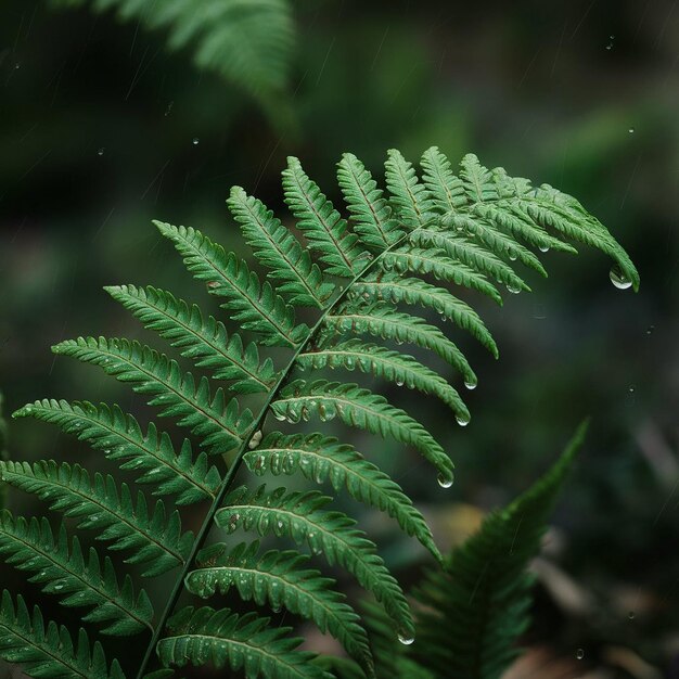 Photo a raindrop of water on a fern plant in the rain