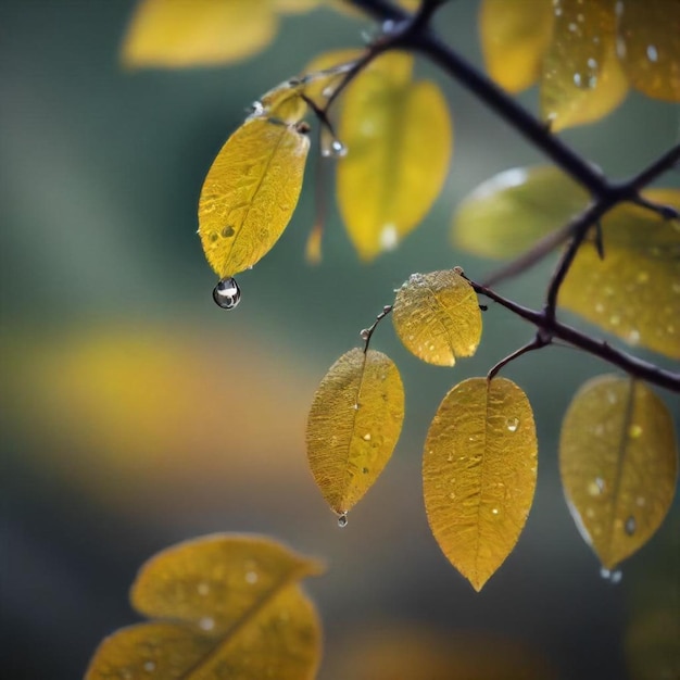 a raindrop of water sits on a branch with the rain drops on it