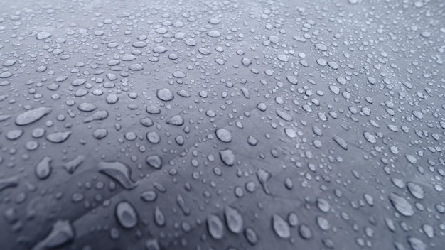 Raindrops on a blue tent closeup Foggy morning in the Carpathians