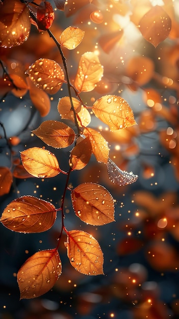 raindrops on a branch with raindrops on it