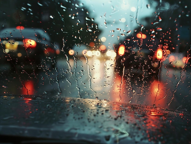 Raindrops on a car windshield with blurred city lights in the background