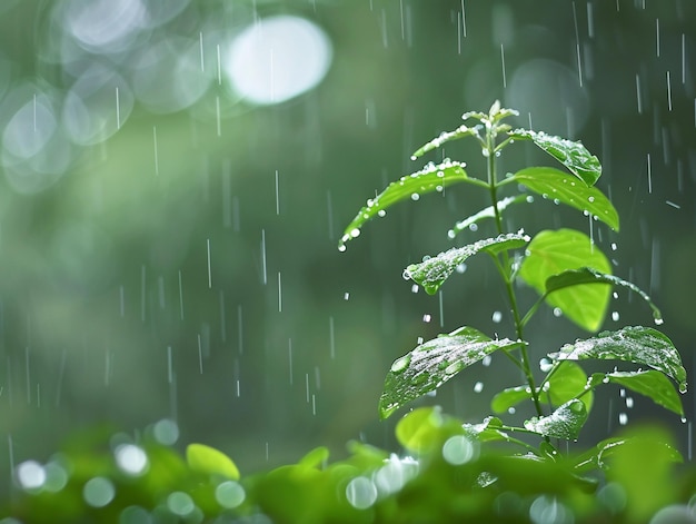 Raindrops cascading down the tender leaves of a young sapling emphasizing the fresh greenery and the nurturing environment provided by the rain