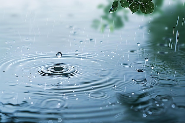 Raindrops create ripples on the surface of water forming intricate patterns and textures in the rai