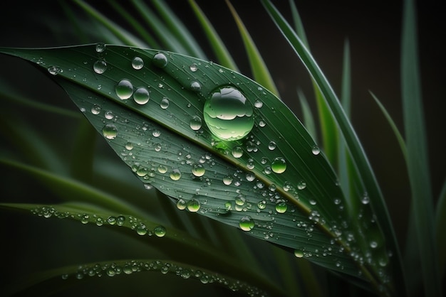 raindrops on a curved narrow green blade of grass on a moody background