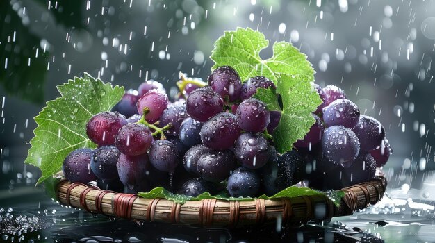 Photo raindrops dance a basket of grapes with green leaves