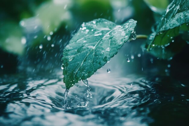 Raindrops dance on lush green leaves as nature awakens to a refreshing morning ritual