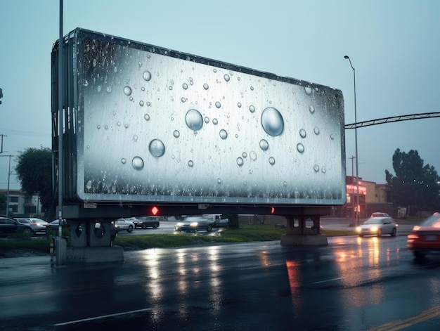 Raindrops Decorating a Billboard on a Highway on a Wet Evening Generative AI