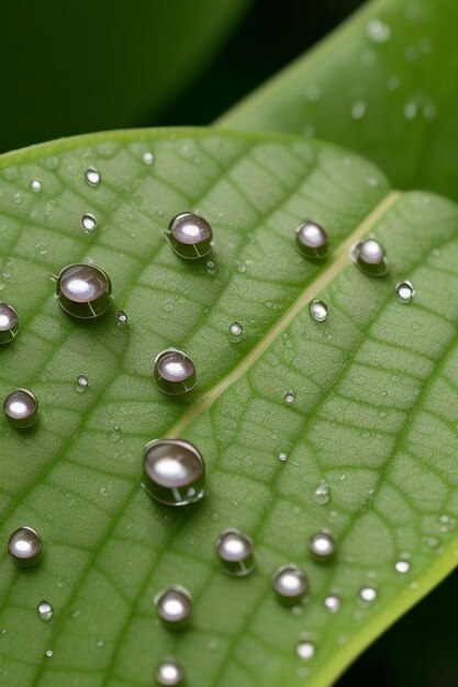 Photo raindrops on fresh green leaves on a black background macro shot of water droplets on leaves