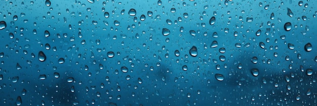 Raindrops on glass on blue background clear water drops pattern generative ai