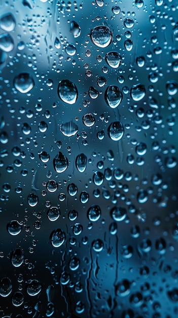 Raindrops on glass surface Background is bluish color and raindrops range in size and opacity