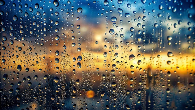 Raindrops on a glass window with a blurred sunset background symbolizing nature serenity ref