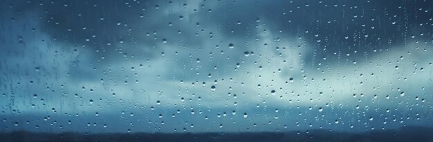 Raindrops on glass with moody blue sky water droplets rainy days