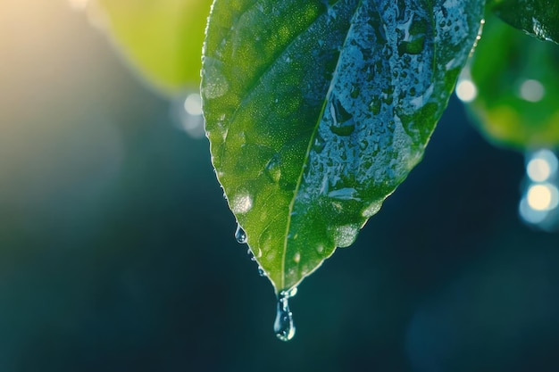 Raindrops glistening on vibrant green leaves in early morning sunlight after a refreshing shower