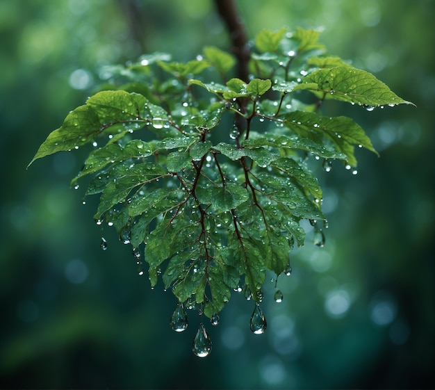 Raindrops on the leaves of a tree in the forest Shallow depth of field