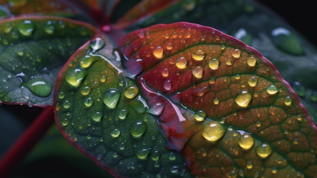 Raindrops on rainbow flower leaf detail illustration generative ai