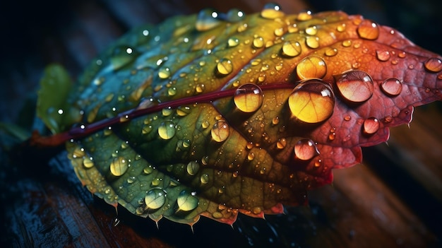 Raindrops on rainbow flower leaf detail illustration generative ai